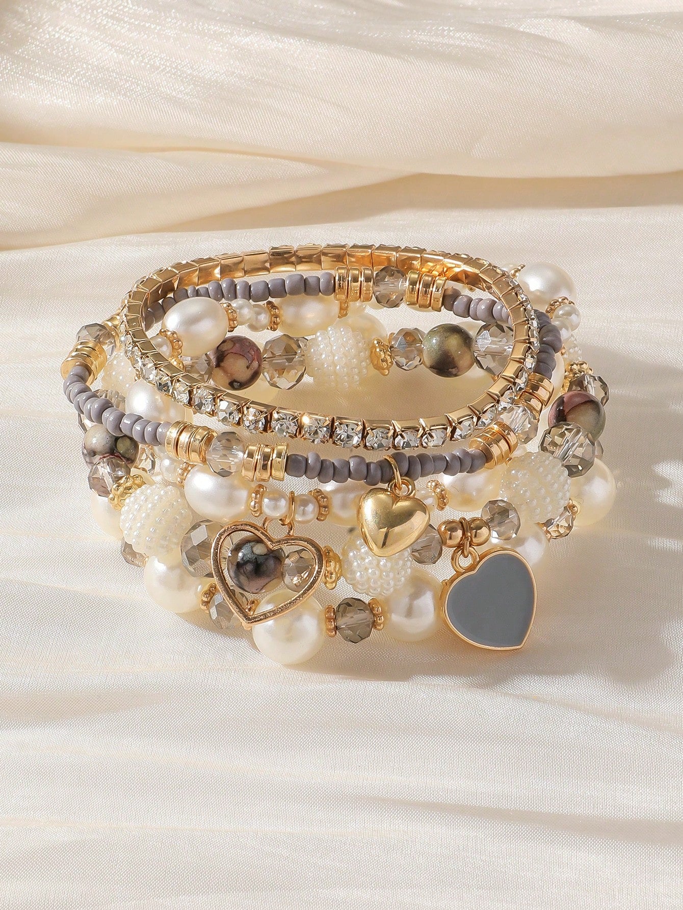 Evelyn – Chic Pearl and Crystal Beaded Bracelet Set