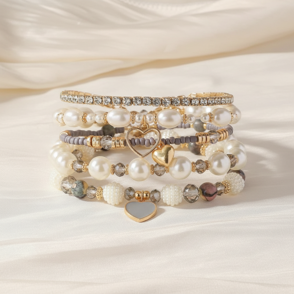 Evelyn – Chic Pearl and Crystal Beaded Bracelet Set
