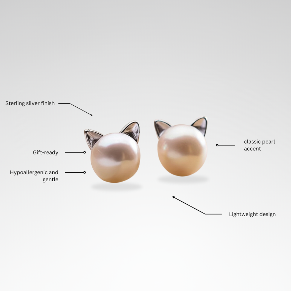 Evelyn – Sterling Silver Cat Pearl Earrings for Cat Moms
