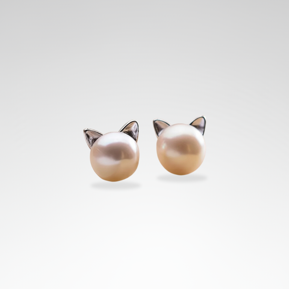 Evelyn – Sterling Silver Cat Pearl Earrings for Cat Moms